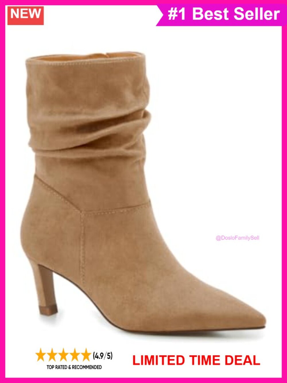 Slouch Ankle Boots Kitten Low Heel Pointed Toe Zip Booties